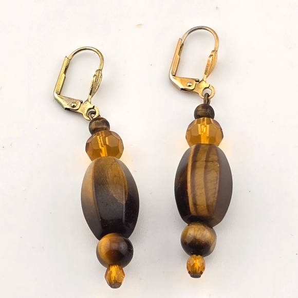 Tiger's Eye Glass Bead Earrings 2.25" Drop Dangle Brown Goldtone Boho Jewelry - Picture 1 of 7